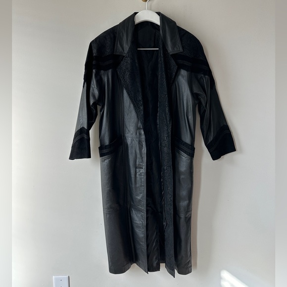 Vintage Black Contrasting Genuine Leather Trench Coat By Gitano Size S - Picture 6 of 13
